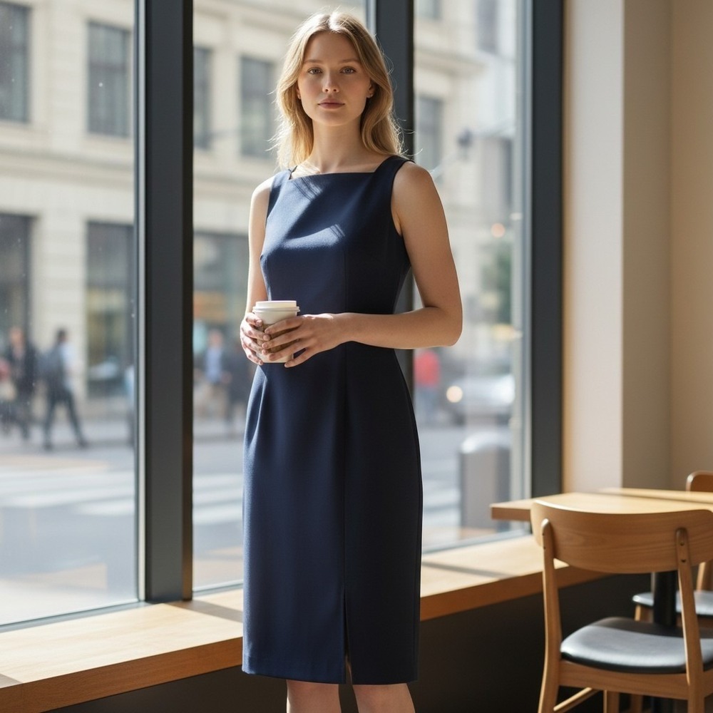 Ann Taylor Navy Blue Sleeveless Sheath Dress Square Neck Work Office Midi